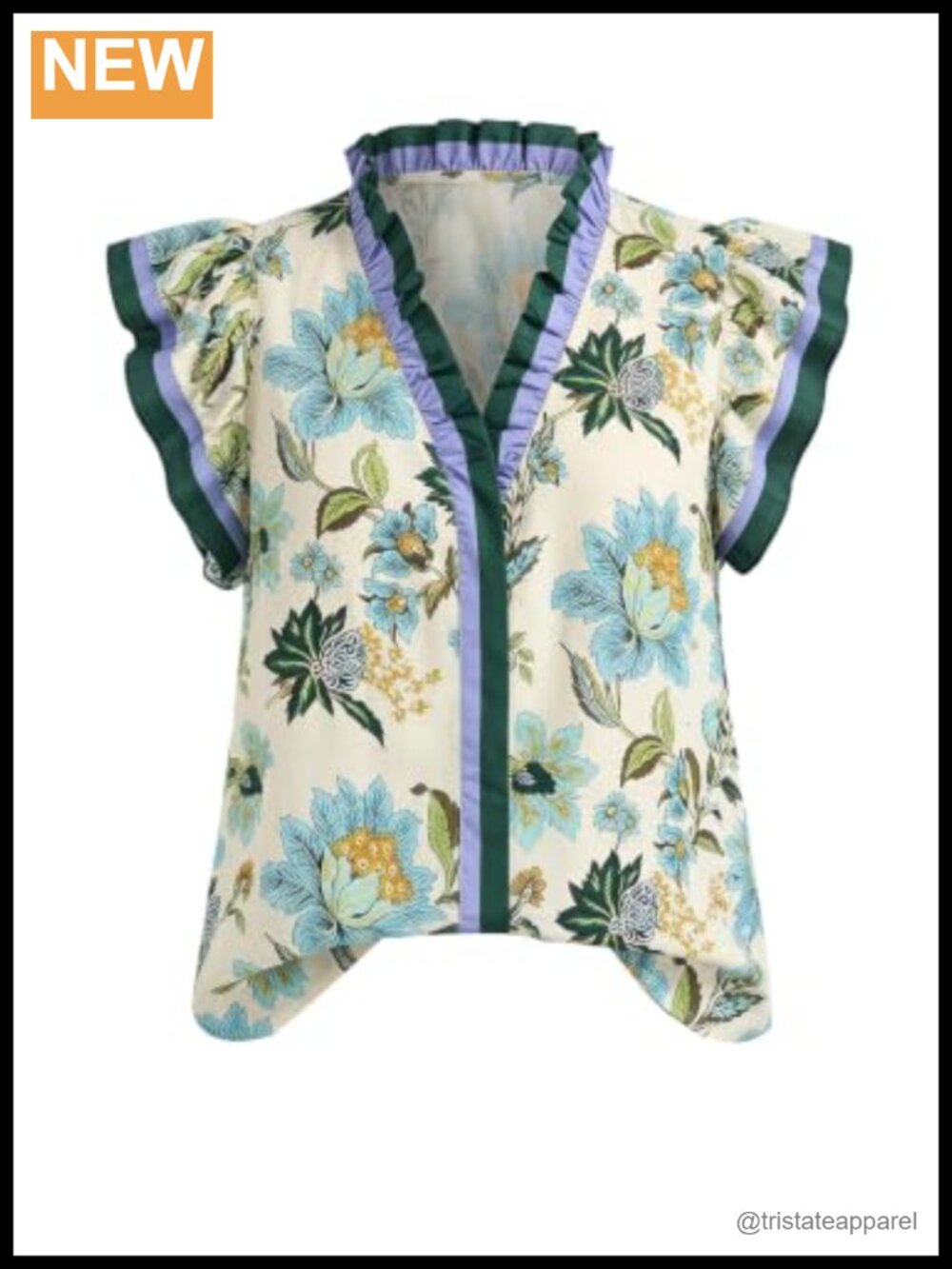 Floral Ruffle Cap Sleeve V-Neck Blouse Summer Vacation Top